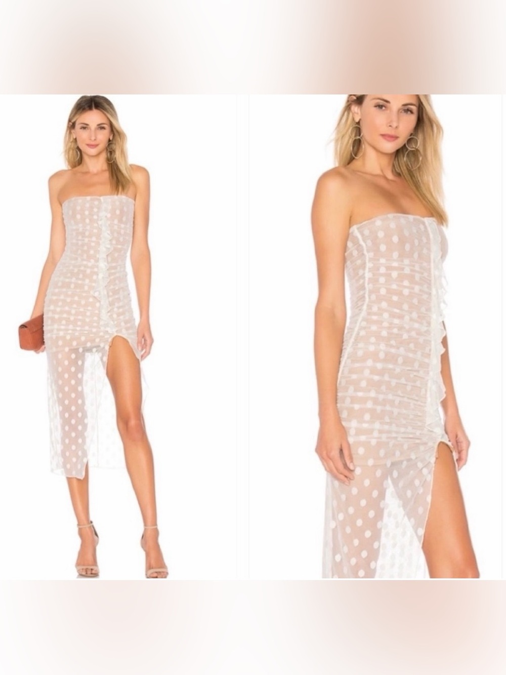 MAJORELLE White Polka Dot Strapless Midi Dress